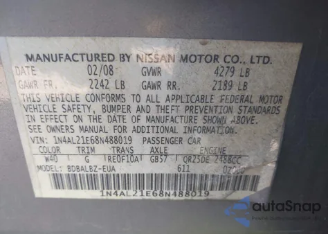 2008 Nissan Altima 2.5 S from USA, damaged, VIN 1N4AL21E68N488019